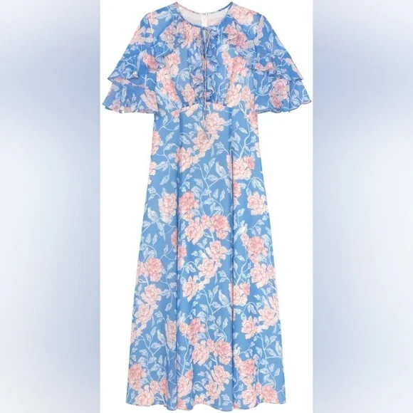 Gal Meets Glam Maxi Blue Pink Floral Shelby Dress Tie Neck Size 4 - Picture 10 of 10